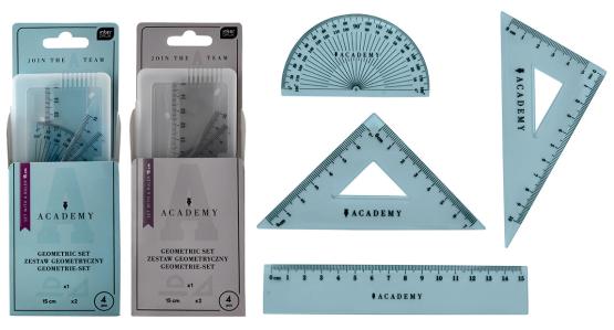 INTERDRUK zestaw geometryczny ACADEMY w płaskim, plastikowym etui, linijka 15 cm
